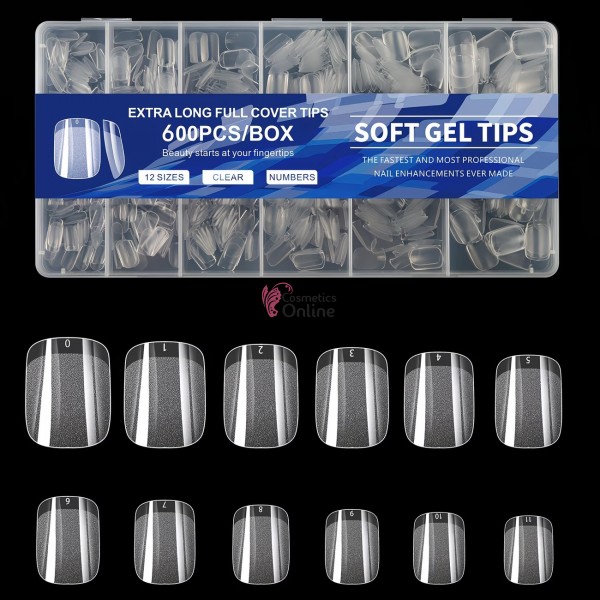 Tipsuri Soft Gel Tips Full Cover 600 bucati Transparente Cod TPS103CC Patrate scurte